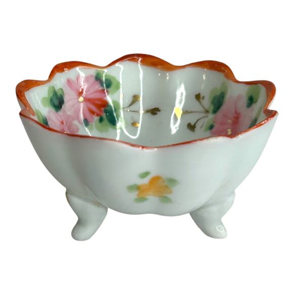 Vintage Porcelain Scalloped Edge Salt Cellar Trinket Dish Bowl White Floral Pink - Picture 4 of 7